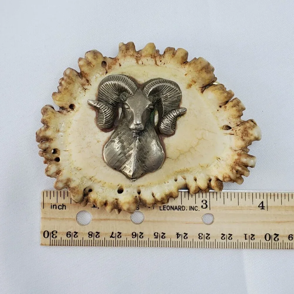 VTG Elk Antler Belt Buckle With Pewter Ram Big Horn Sheep Head Design 4x3 inches